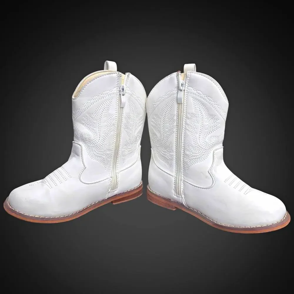 Bacritm Women’s White Western Ankle Boots Zip Embroidered Round Toe US 11